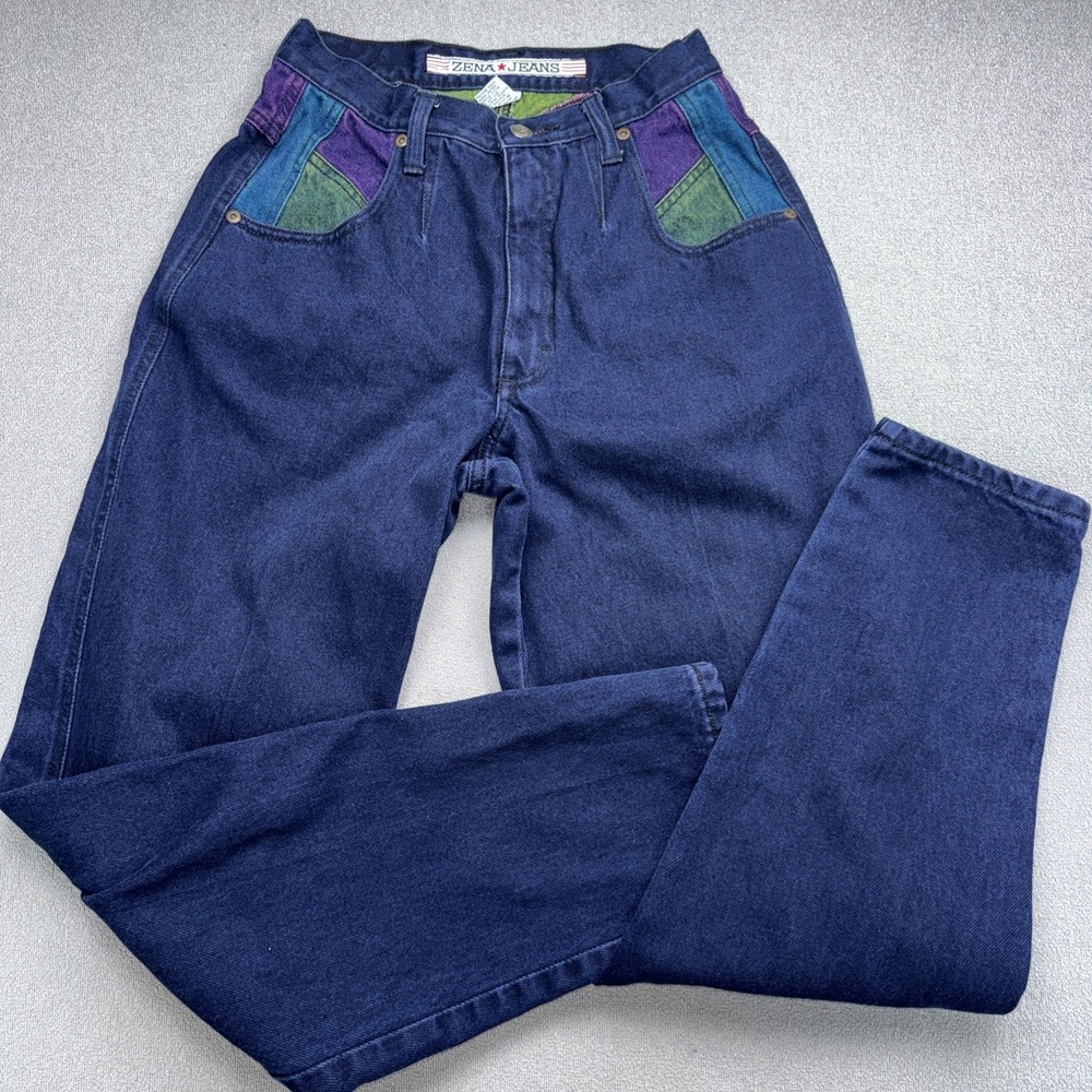 Y2K  Zena Dark Blue Denim Jeans Size 5 Tapered Mom Multicolor Accents
